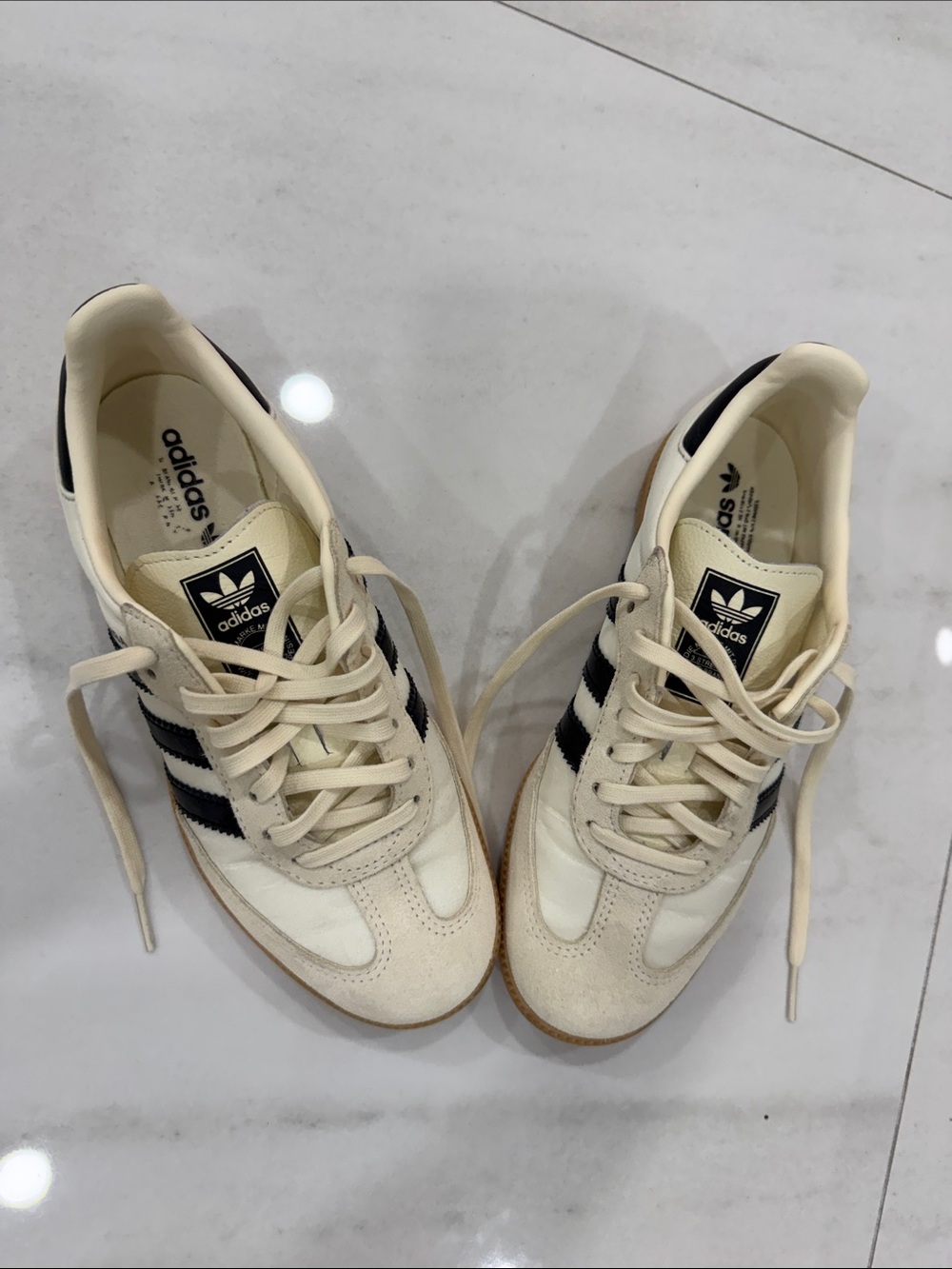 adidas Samba kids size but fit women 6-6.5 Cream Sneakers with Black Stripes.